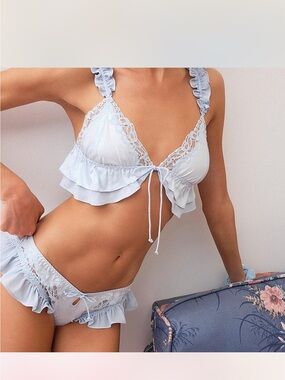 For love and lemons baby Blue Lace Ruffle Bralette & Shorts Set